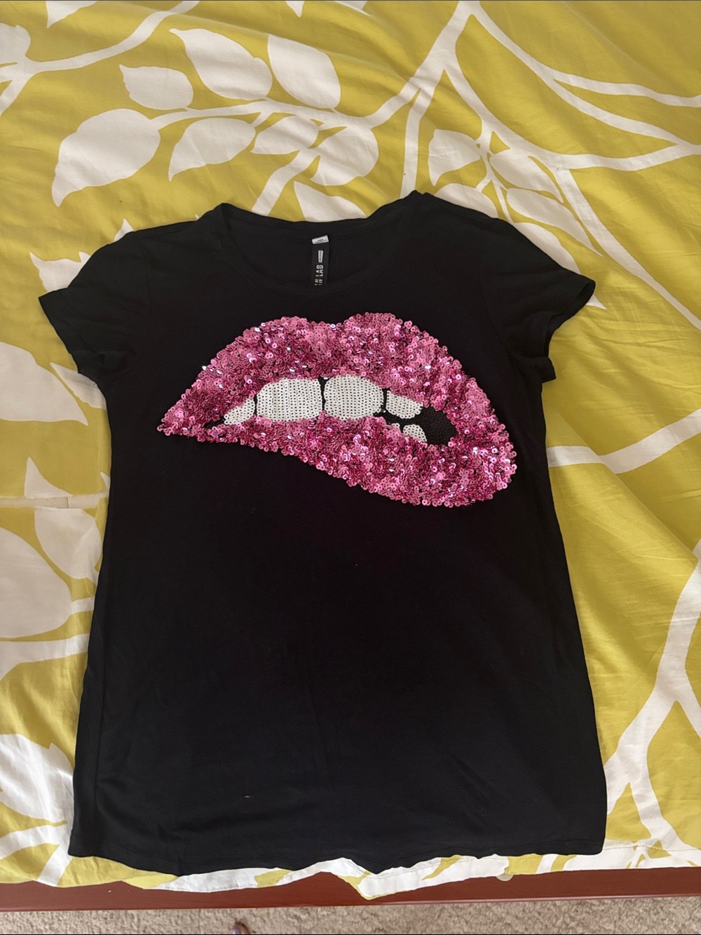 Black Tee with Pink Sequin Lip Applique